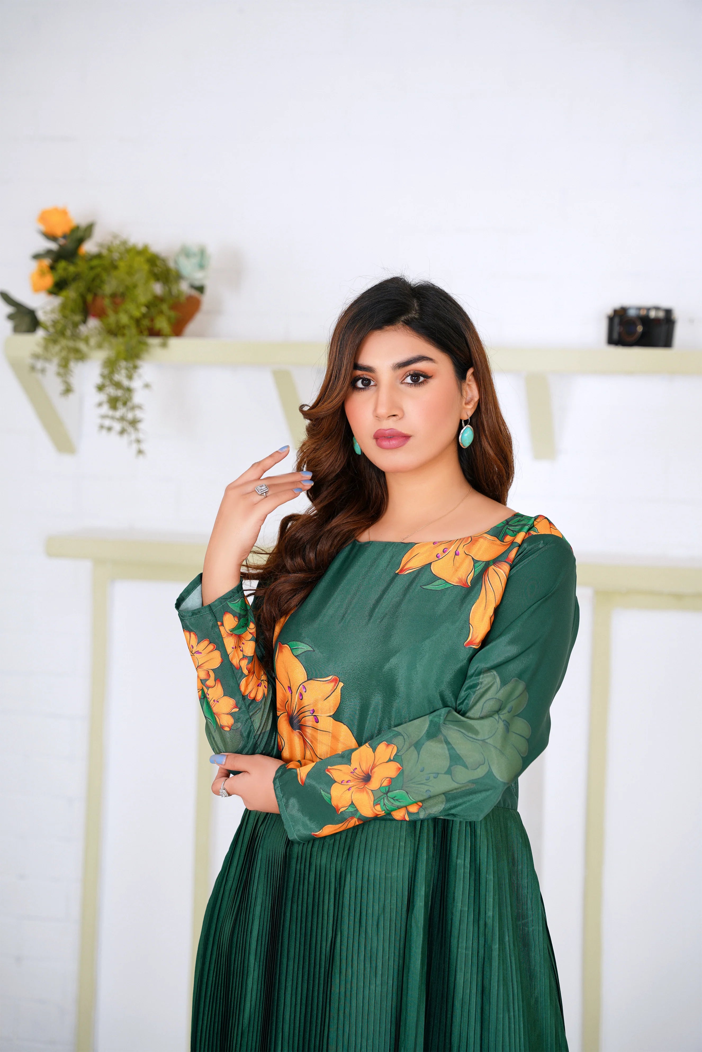 Green Pleated Floral Maxi Dress